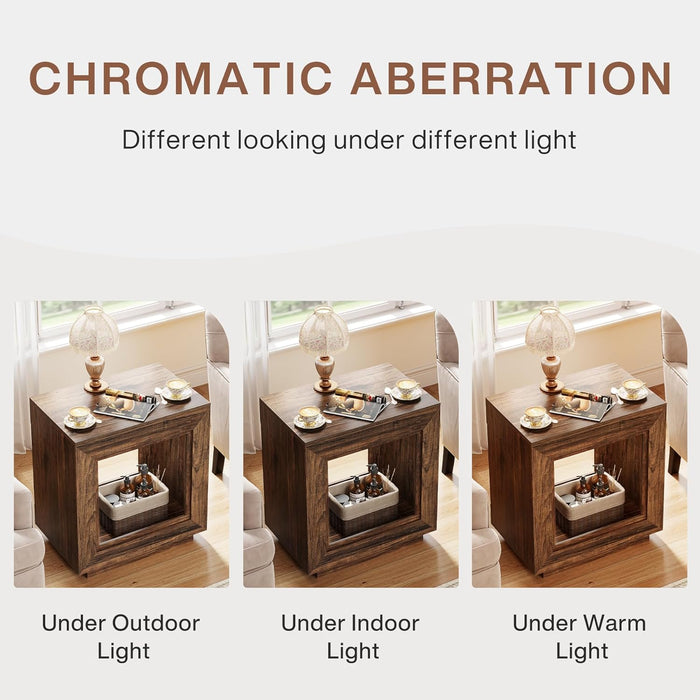 Rustic Wood End Table, 2 Tiered Square Side Table with Storage Shelf, Industrial Sofa Side Table for Living Room, Entrance (Rustic Brown) (1)