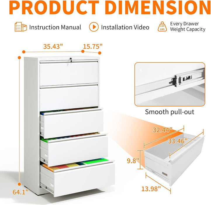 5 Drawer Lateral File Cabinet with Lock,White Metal Filing Cabinet