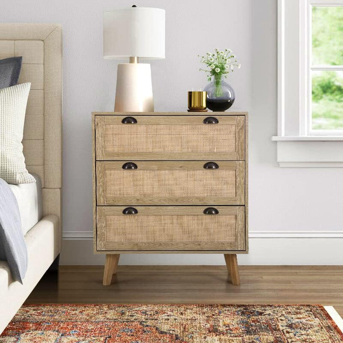 Natural Rattan Nightstand, 3 Drawer Dresser Bedside Table