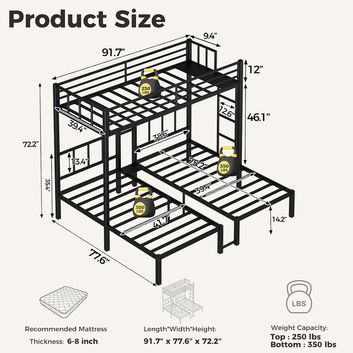 Black Triple Bunk Bed Featuring Reinforced Guardrails