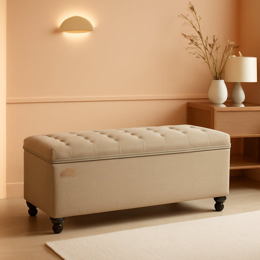 Storage Ottoman, Storage Bench, Tufted Entryway Bedroom Bench, 17.7 X 46.5 X 17.7 Inches, Hinges Easy Lid Operation, Wooden Legs, Linen-Look Cover, Loads 330 Lb, Camel Brown ULOM070K01