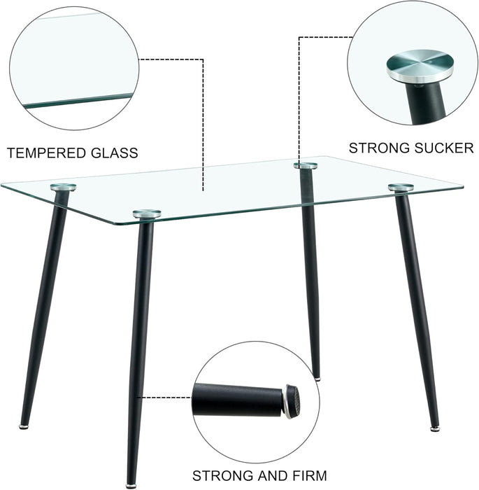 51 Inch Glass Dining Table for 4, Rectangular Glass Dining Room Table with Clear Tempered Glass Tabletop, Glass Kitchen Table with Black Metal Legs for Dining Room Living Room