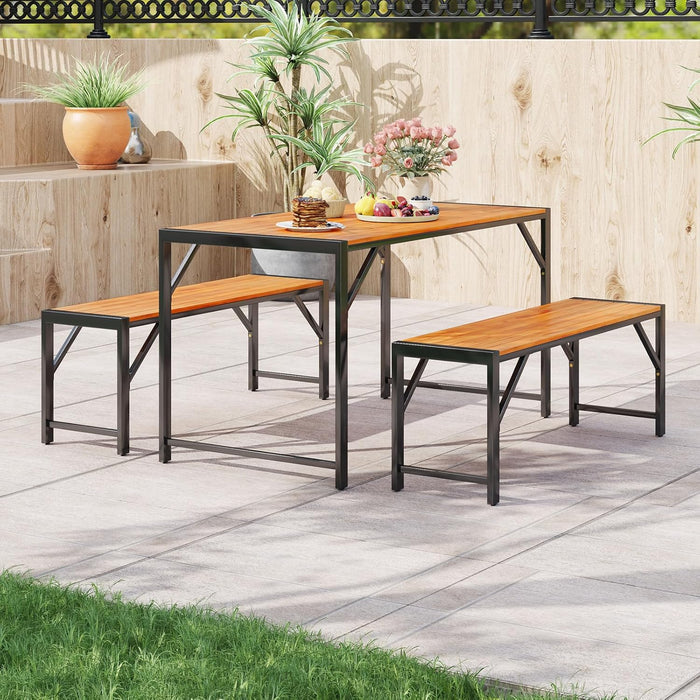 3 Pieces Patio Dining Set for 6 People, Outdoor Picnic Table & 2 Benches, 53” Acacia Wood Dining Table W/Metal Frame, Space-Saving Dinette Set for Garden Porch Poolside Yard Balcony