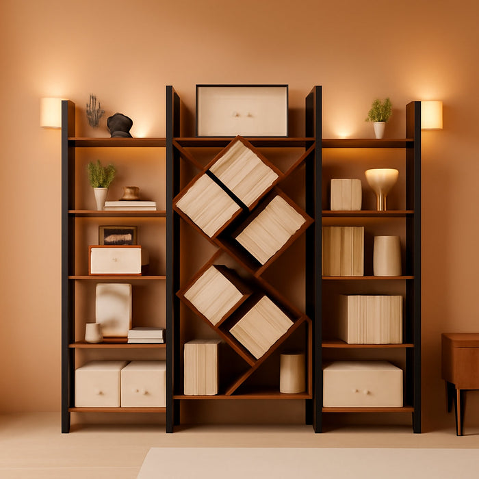 70X70" Triple 5 Tier Book Shelf, Large Wooden Bookcase with 17 Open Display Shelf, Modern Tree Bookshelf Metal Frame Tall Book Case Furniture for Living Room Bedroom Home Office Rustic Brown