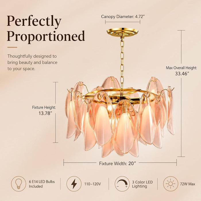 Modern Chandelier, 20" Gold Dining Room Chandelier with Handcrafted Glass Petal Design, 6-Light Hanging Ceiling Light Fixture, 3 Color Adjustable Pendant Lamp for Kitchen Island, Bedroom, Foyer