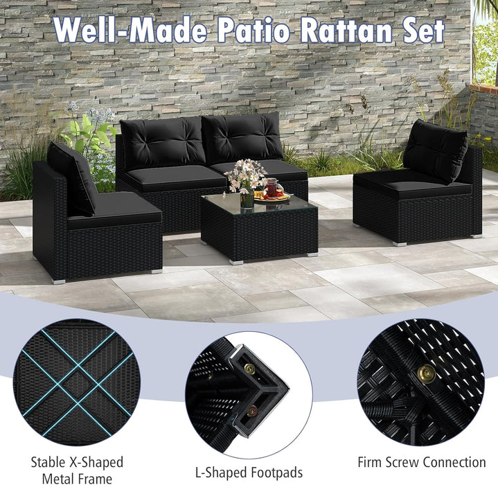 5-Piece Outdoor Patio Furniture Set, Rattan Sectional Sofa Set W/Glass-Top Coffee Table, Soft Seat & Back Cushions, Bistro Set for Garden Backyard Porch, Wicker Conversation Set (Black)
