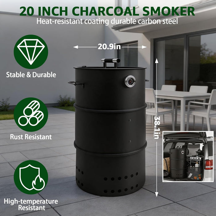 Charcoal Smoker Grill, 20.9" Barrel Charcoal BBQ Smoker, Coated Steel Outdoor Barbecue Grill with 2 Grilling Grates, 1 Hanging Rod, 6 Hooks & Thermometer for Party Backyard Patio Cooking