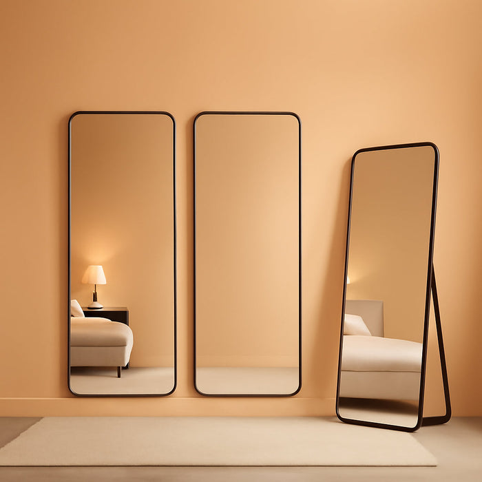 48"X14" Door Hanging Full Length Mirror, Floor Mirror Freestanding,Full Body Mirrors with Adjustable Stand for Bedroom Living Room Cloakroom, Rounded Rectangle, Black