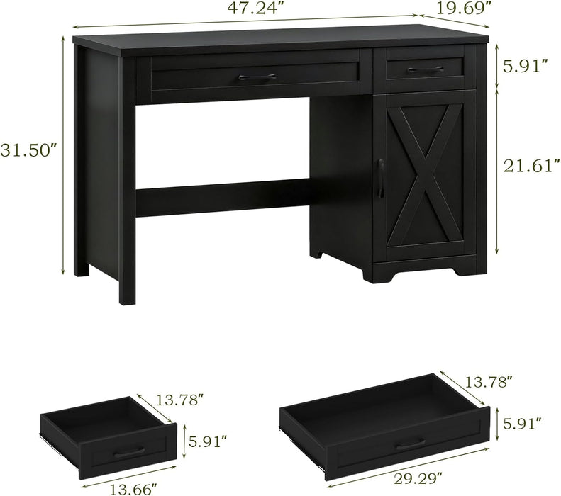 Farmhouse 47" Executive Desk,Computer Desk with Drawers and Storage Cabinet, Home Office Desk for Work and Study.Pure Black