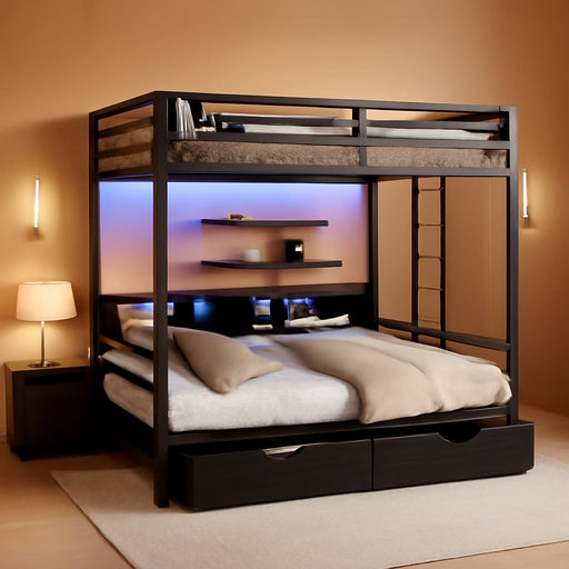 Queen Over Queen Metal Bunk Bed USBChargingPortsAndLED