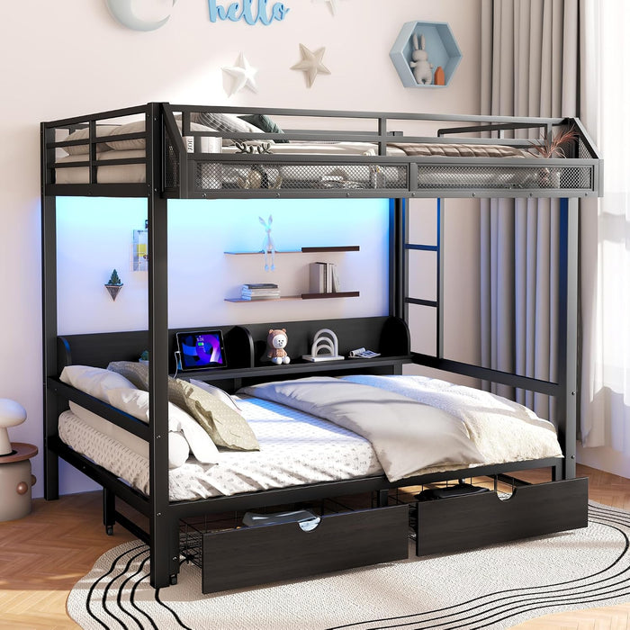 Queen Over Queen Metal Bunk Bed USBChargingPortsAndLED