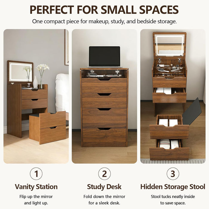 3 in 1 Small Walnut Vanity with Stool & Glass Top, Make up Table with Flip up Mirror & Lights, Modern Cute Teen Vanity Desk with Drawers for Small Space (Walnut+Black, 18.9'' L)