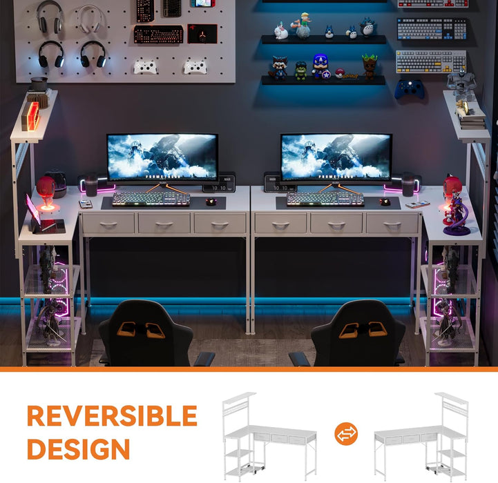 Computer Desk with 3 Fabric Drawers, 50.4 in L-Desk Display Shelves with Led Light & Power Outlet, PC Table Workstation for Home Office, Gaming Desk for Small Spaces, White