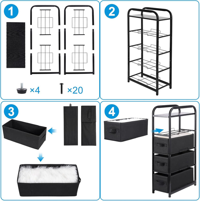 4 Drawer Narrow Dresser Fabric Storage Tower Vertical Slim Storage Chest Organizer Nightstand Side/End Table Small Standing Organizer Removable Drawers Wood Top for Bedroom, Bathroom（Black)