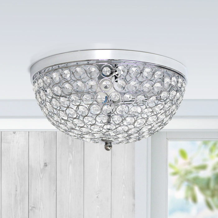 Elipse Crystal 2 Pack 13" Modern Metal 2 Light Bowl Shaped Ceiling Flush Mount Fixture Set, Chrome