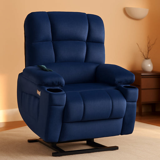 Dual Motor Power Lift Recliner Chair with Massage and Heat for Elderly People, Infinite Position, USB Ports, Cup Holders, Fabric 7679 (Medium, Navy Blue)