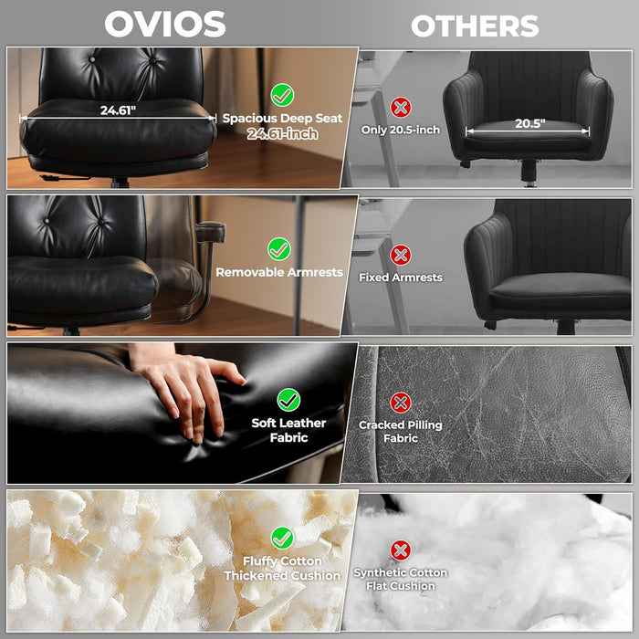 Ergonomic Home Office Chair, Mid-Century Modern Leather Chair with Lumbar Support, High Back Swivel Rolling Executive Chair with Comfy Thick Cushion (Black, PU Leather)