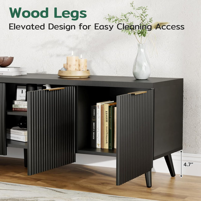 TV Stand for up to 60" Tvs, Modern Entertainment Center with 4 Wave Stripe Doors, Media Console Table with 5 Wooden Legs & Metal Handles, Modern TV Stand for Living Room Bedroom, Black
