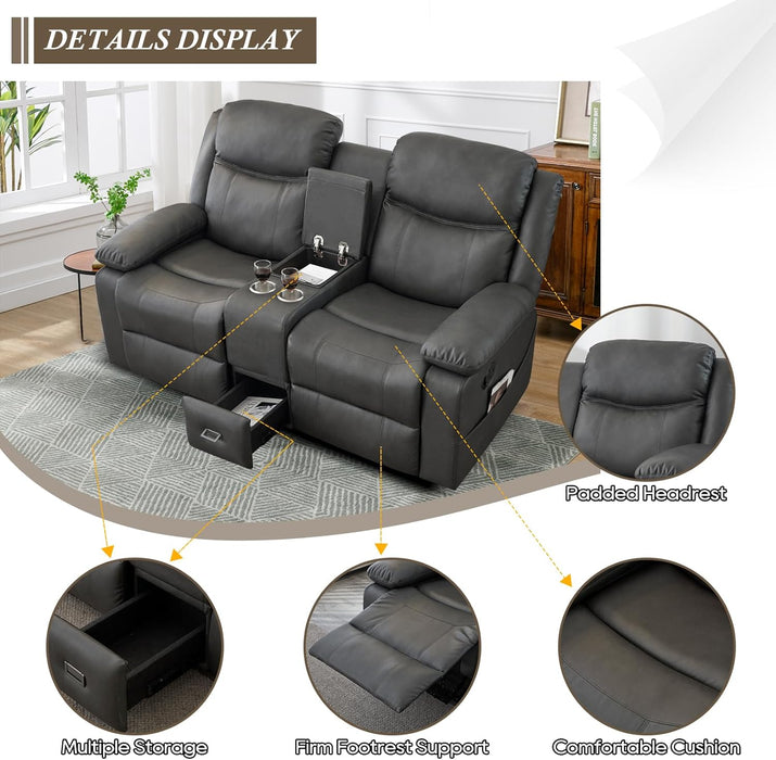 Loveseat Recliner, Reclining Loveseat with Console, Double Reclining Loveseat, 2 Seater Manual Reclining Couch for Living Room, Office, Home Theater(Pu-Grey)