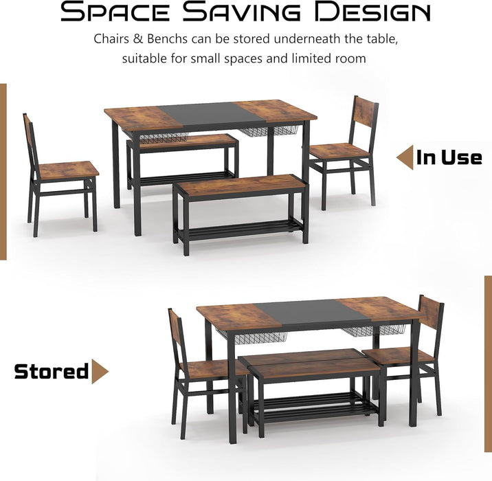 Rustic Brown Industrial Dining Table Set StorageDrawers