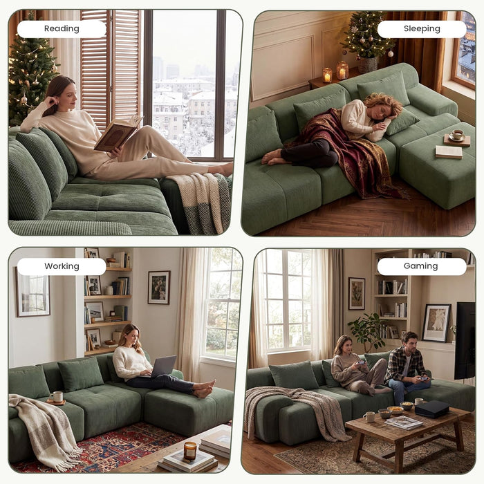 Green Corduroy 108Inch Luxurious Sectional Sofa Set