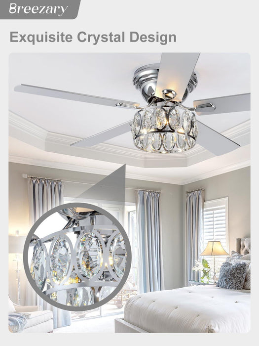 52 Inch Flush Mount Ceiling Fans with Lights Remote Control, 5 Reversible Blades Indoor Low Profile Crystal Lighting Chandelier Ceiling Fans for Bedroom Living Room (Chrome)