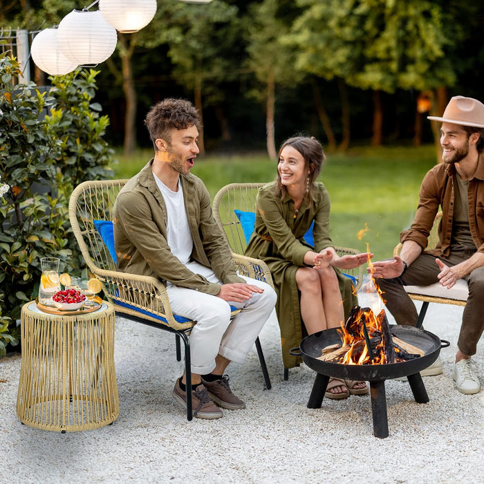 3-Piece Outdoor Patio Furniture Wicker Bistro Set, All-Weather Rattan Conversation Chairs for Backyard, Balcony and Deck with Soft Cushions, Glass Side Table (Light Brown+Navy Blue)