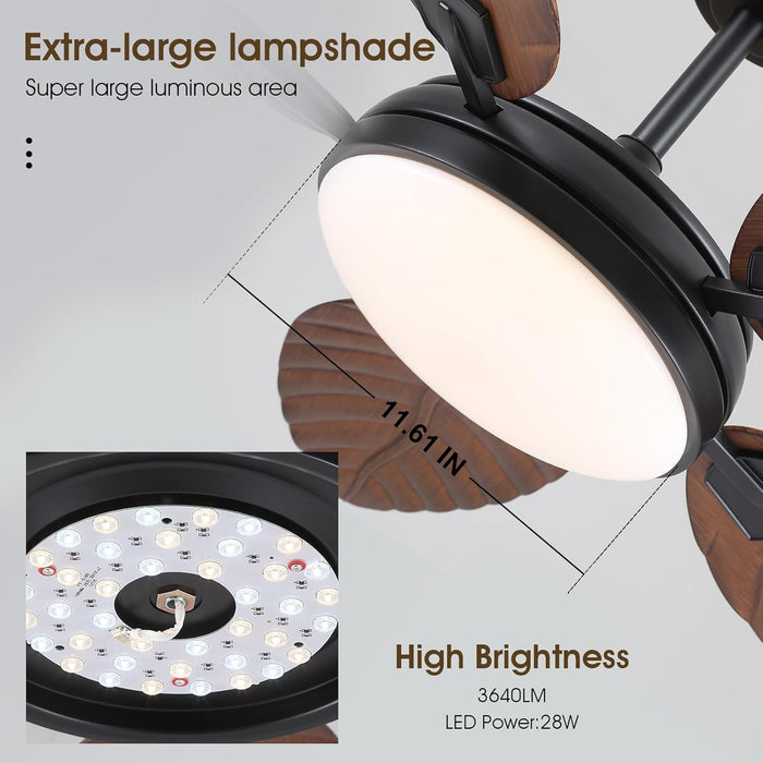 52 Inch Tropical Ceiling Fans with Lights and Remote,Outdoor Palm Leaf Ceiling Fan for Patios Porch Bedroom, Dimmable, 6 Speeds, Reversible, Dark Brown