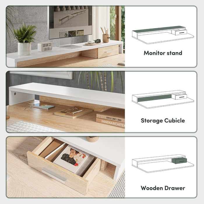 Electric Standing Desk 48 X 24 Inch with Monitor Shelf, 3 Drawers and Open Storage, Home Office Computer Workstation, Pure Maple, 2 Packages