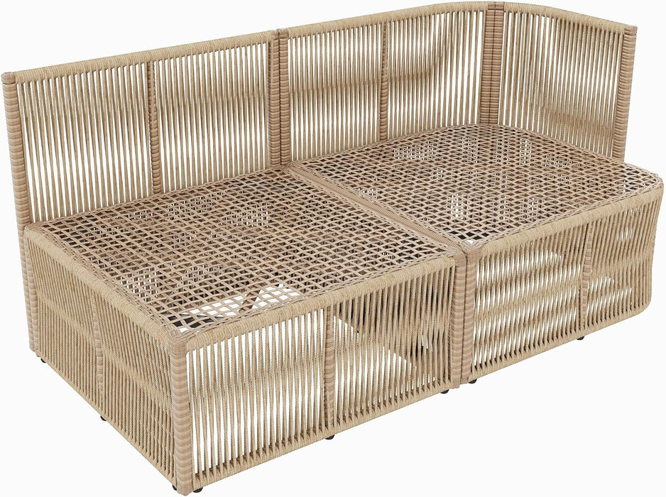 Outdoor Patio Furniture Set, PE Rattan Wicker Conversation Sofa Set with Iron Frame Cushions and Glass Top Coffee Table, Modular Backyard Balcony Seating Set, Dark Beige