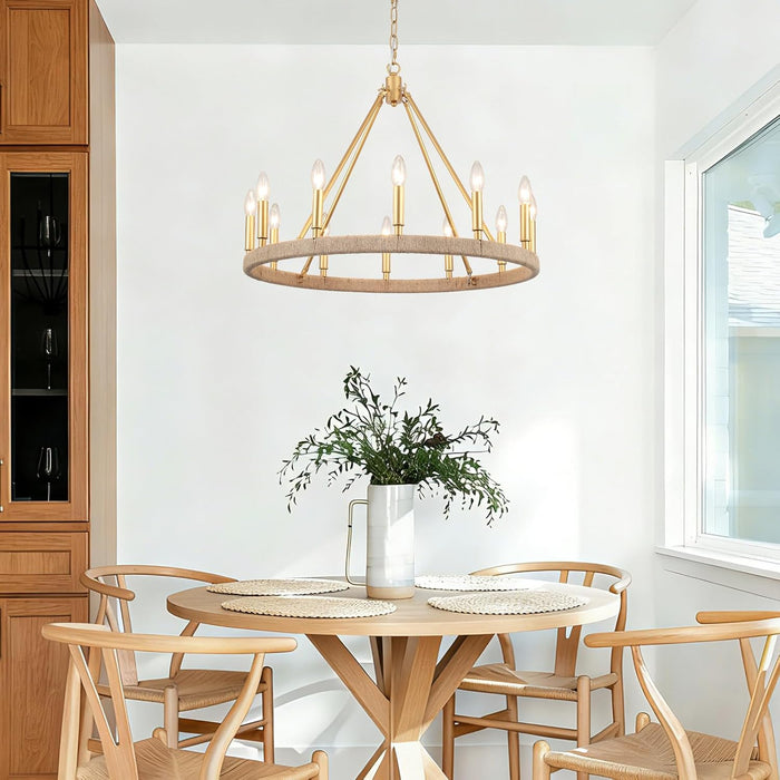 26" Gold Wagon Wheel Chandelier, 12-Light Farmhouse Chandelier for Dining Room, Gold Pendant Light Fixture for High Ceiling Living Room Foyer Entryway