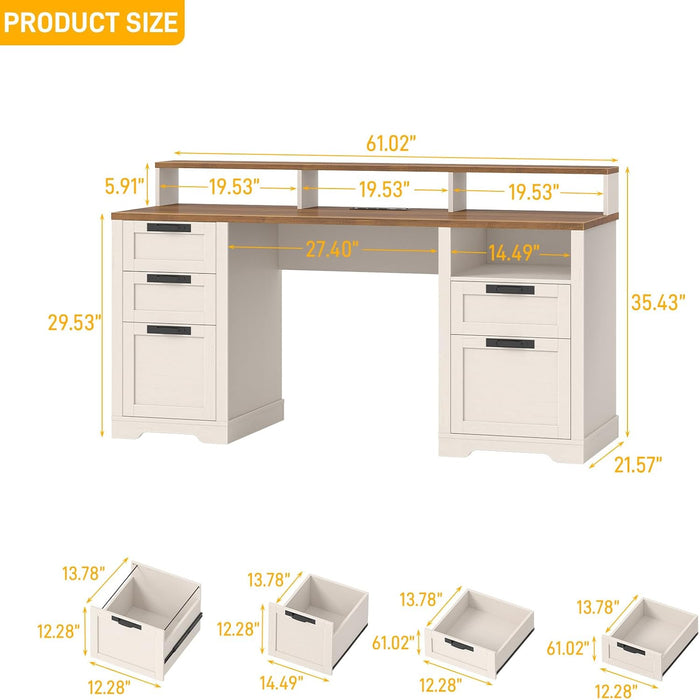 61" Farmhouse Executive Desk with LED Lights and Power Outlets,Computer Desk with Monitor Stand & File Drawers,Large Workspace with Storage Drawers for Home Office,Study,White