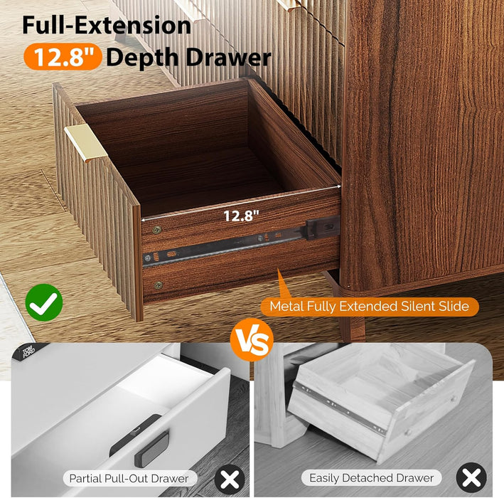 Fluted Dressers Chest of Drawers,57" Fluted Wide Modern Dresser with Metal Handle, Curved Profile Design, Wood Drawer Organizer for Bedroom, Walnut