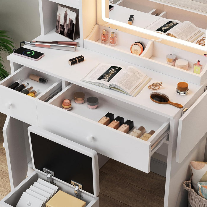 White Vanity Desk with Mirror and Lights, Makeup Vanity with Charging Station and 3 Lighting Modes, Dressing Table Set with Storage Cabinet, Drawers and Chair for Girls Bedroom
