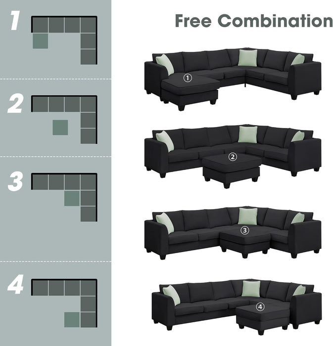 Large U Shaped Sectional Sofa with Removable Ottoman for Living Room, 7 Seats Modular Sofa with Wide Chaise Lounge & 3 Pillows, 112” Fabric Corner Couch Set for Large Space, Black