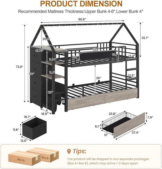 Bunk Bed Twin over Twin with Storage Drawers and Globe String Lights House Shaped Low Bunk Bed with Montessori Bookshelf Metal Bunk Beds for Kids with Ladder and Guardrail,Space Saving, Black