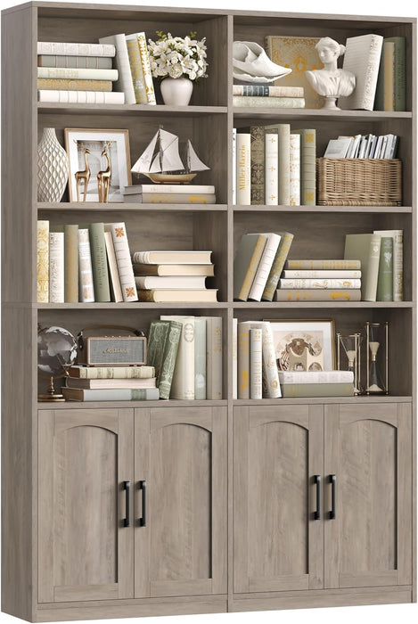 Bookshelf and Bookcase with Doors, 6 Tier Double Wide Large Bookshelves, Open Display Shelves, 73'' Tall Bookshelf with Storage Cabinets for Home Office, Living Room, Library, Wash Gray