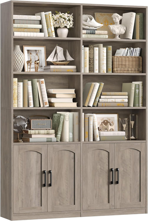 Bookshelf and Bookcase with Doors, 6 Tier Double Wide Large Bookshelves, Open Display Shelves, 73'' Tall Bookshelf with Storage Cabinets for Home Office, Living Room, Library, Wash Gray