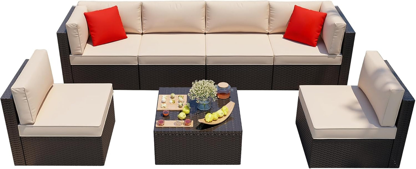 7 Pieces Patio Furniture Sets Outdoor All-Weather Sectional Patio Sofa Set PE Rattan Manual Weaving Wicker Patio Conversation Set with Glass Table&Ottoman Cushion and Red Pillows, Beige