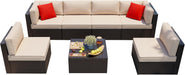 7 Pieces Patio Furniture Sets Outdoor All-Weather Sectional Patio Sofa Set PE Rattan Manual Weaving Wicker Patio Conversation Set with Glass Table&Ottoman Cushion and Red Pillows, Beige