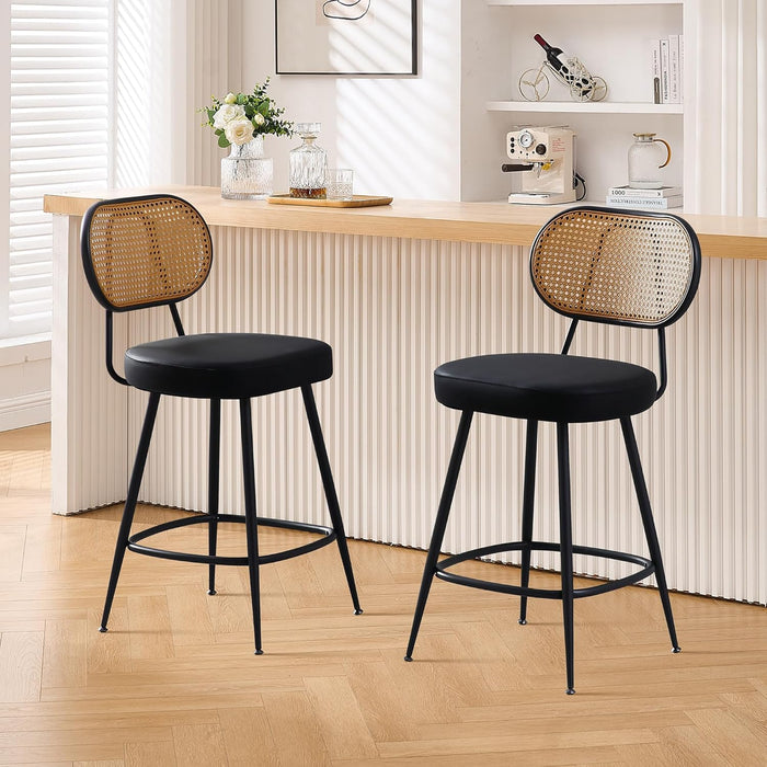 Counter Height Bar Stools Set of 2, 26" Seat Height Barstools with Rattan Back and Metal Legs, Upholstered Faux Leather Bar Chairs for Kitchen Island, Home Bar, Black