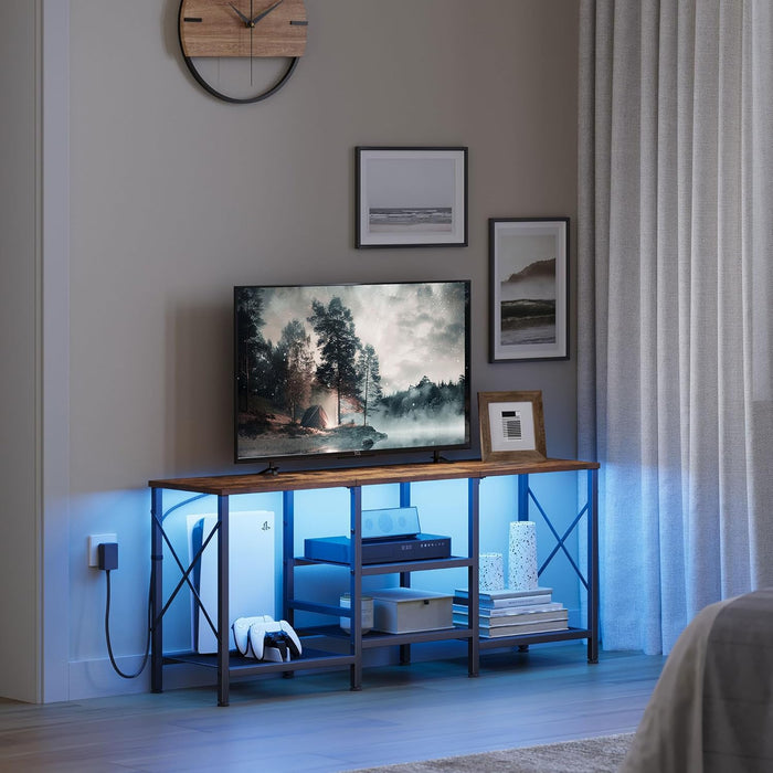 TV Stand with LED Lights for 55 Inch TV, Entertainment Center with 3-Tier Open Shelves, TV Console Table for Living Room, Bedroom, Black