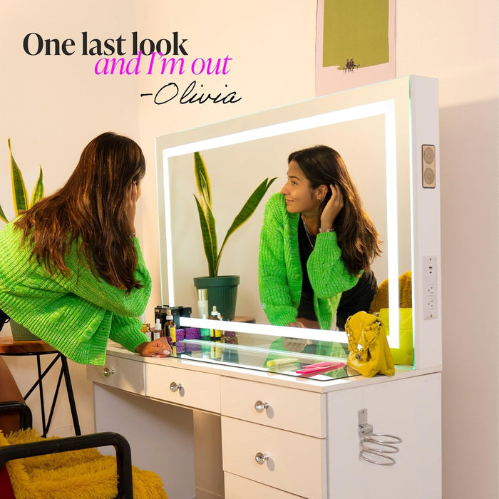 Cleo Vanity Desk with LED Lighted Mirror – 7 Drawer Makeup Station with Integrated Power