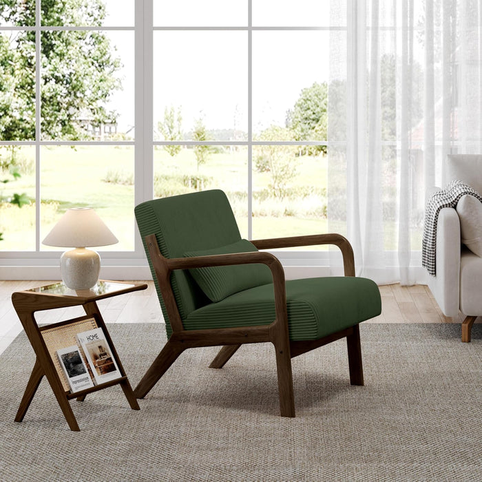Accent Chair for Living Room, Corduroy Mid Century Modern Reading Armchairs with Lumbar Pillow for Bedroom, Decorative Sofa Chair for Adult Dark Green/Set of 2
