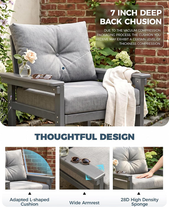 HDPE Outdoor Patio Furniture Set, Grey Frame & Grey Cushions