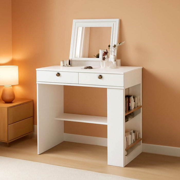 Vanity Desk with Flip Top Mirror, Makeup Vanity Table with 3 Color and Brightness Adjustable, Side Organizer Small Vanity with Storage Compartment, Writing Desk for Bedroom, White