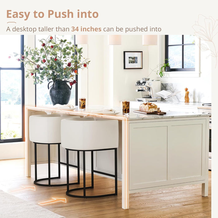 27" H Counter Height Bar Stools, Modern Barrel Counter Stools with Backrest and Arms, Black Metal Frames, Faux Leather Upholstered Accent Barstools for Kitchen Island, Antique White