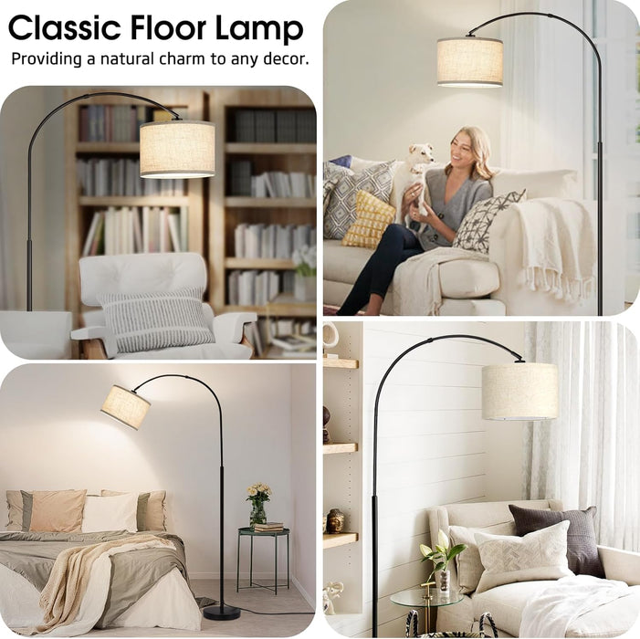 Dimmable Floor Lamp, Arc Floor Lamp with Dimmer, Black Standing Lamp with Adjustable Hanging Shade, over Couch Tall Reading Light, Modern Pole Lamp for Living Room Bedroom, 9W LED Bulb Included
