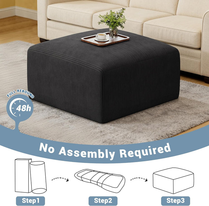 40" Square Stuffed Ottoman Pouf for Sofa Couch, Corduroy Poufs with Foam Chunk Filling, Furry & Fluffy Pouf Footstool Movable Ottoman. 40*31 Floor Poufs Foot Rest for Living Room, Black(2 Piece Set)