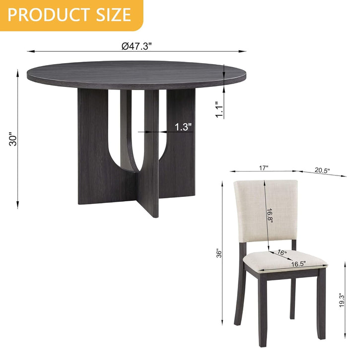 47.3" round Dining Set with 4 Upholstered Dining Chairs, Modern Dining Table Set for 4, 5-Piece round Dining Table Set for Living Room, Kitchen, Antique Black & Beige